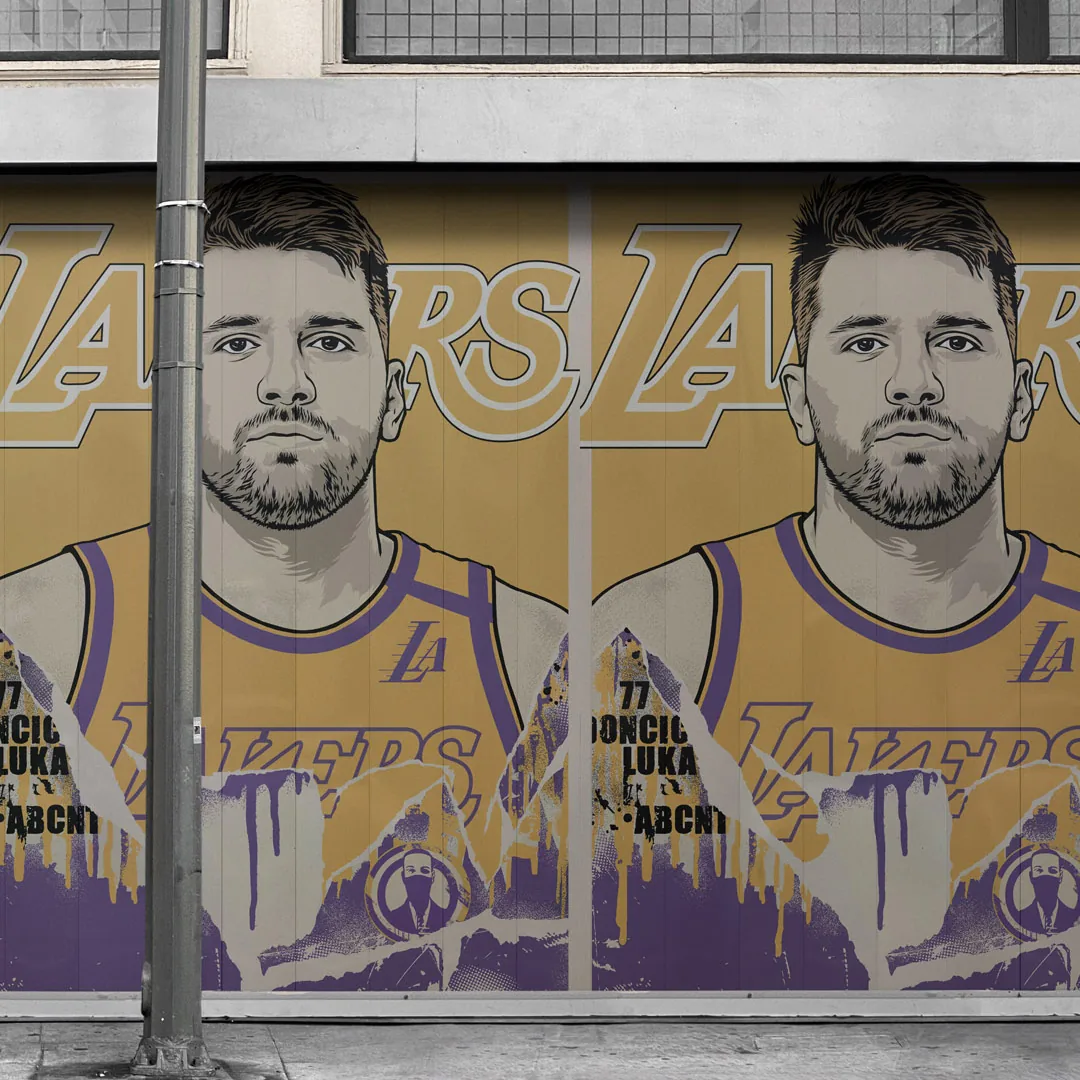 Luka portrait artwork visualized across storefront windows
