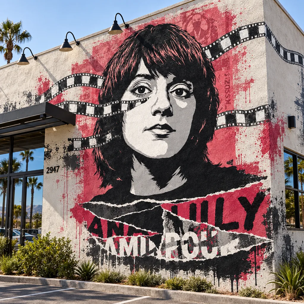 Portrait and film-strip artwork visualized on a commercial exterior
